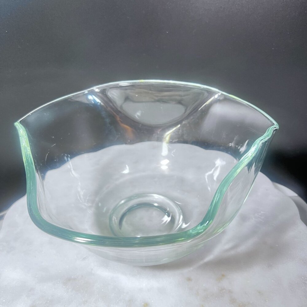 Vtg Hexagon Shaped Art Glass  Bowl Clear Glass Bowl Wavy Rim Mid‎ Century Modern